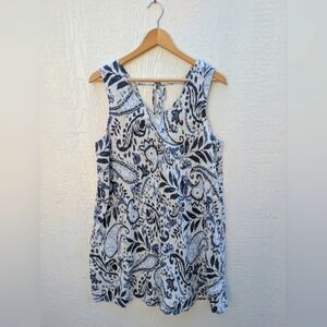 Lucky Brand 100% Linen A-line White Blue Paisley Sleeveless Dress Size Large